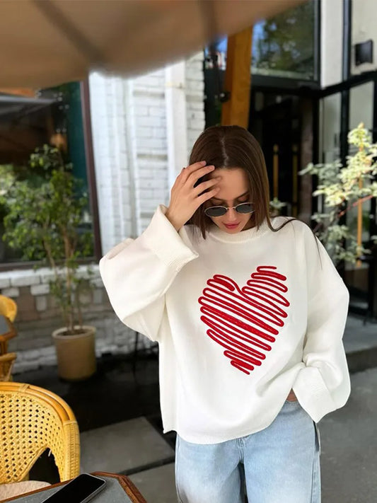 Heart Pattern Embroidery Women Knitted Jumper Round Neck Long Sleeve Loose Sweater