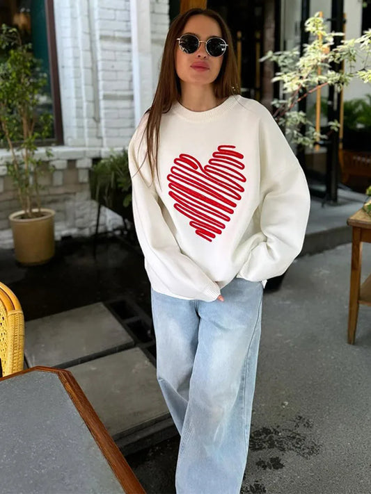 Heart Pattern Embroidery Women Knitted Jumper Round Neck Long Sleeve Loose Sweater