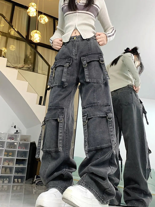 Washed Multi-pocket Cargo Pants Women Dark Grey Personality High Waisted Pants