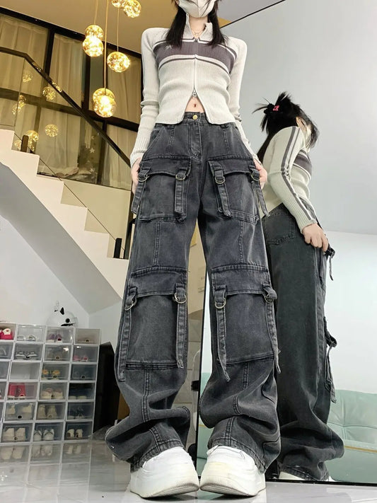 Washed Multi-pocket Cargo Pants Women Dark Grey Personality High Waisted Pants