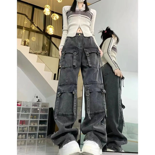 Washed Multi-pocket Cargo Pants Women Dark Grey Personality High Waisted Pants