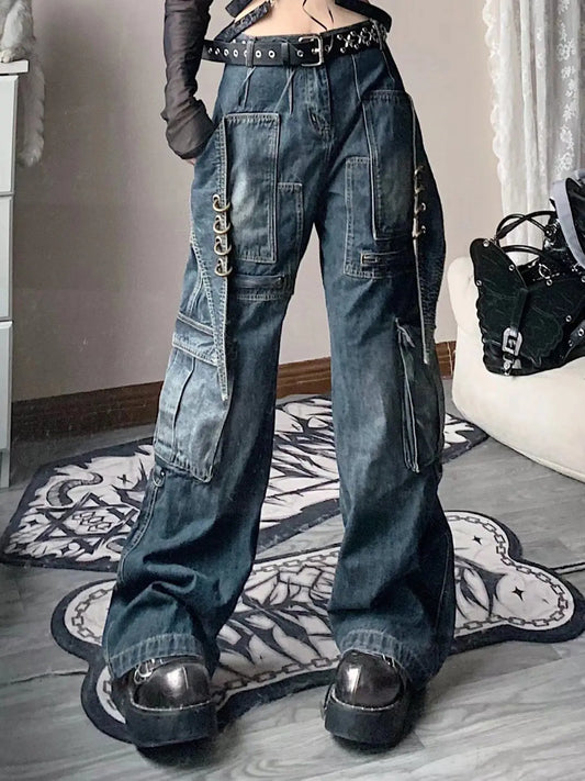 2024 New Street Washed Pocket Y2K Cargo Pants Women High Waist Pants