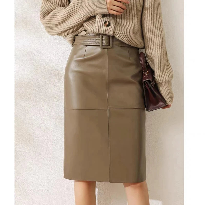 Genuine Leather High-Waist Versatile Mid-Length Skirt Bottom