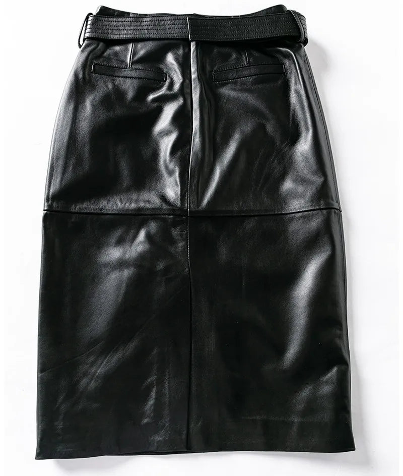 Genuine Leather High-Waist Versatile Mid-Length Skirt Bottom