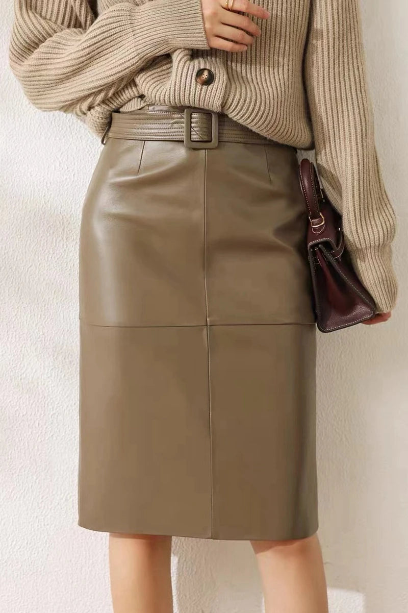 Genuine Leather High-Waist Versatile Mid-Length Skirt Bottom