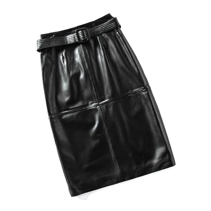 Genuine Leather High-Waist Versatile Mid-Length Skirt Bottom