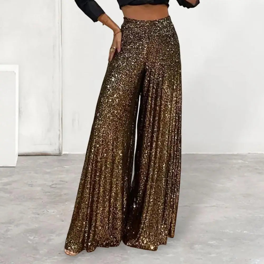 Elastic Waistband Mid-Rise Drawstring Slant Pockets Casual Oversized Straight Wide Leg Female Trouser