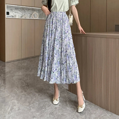 Holiday Style Fashion Floral Print Pleated Long Womens Spring Summer New Elastic High Waist Ladies Casual Skirt