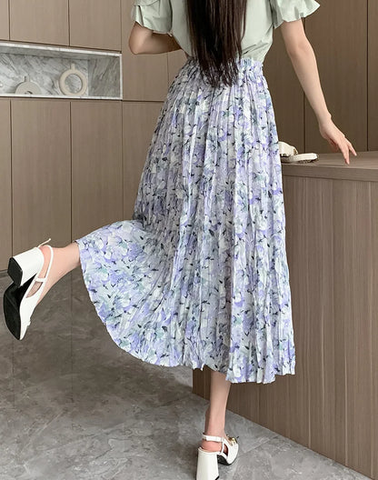 Holiday Style Fashion Floral Print Pleated Long Womens Spring Summer New Elastic High Waist Ladies Casual Skirt