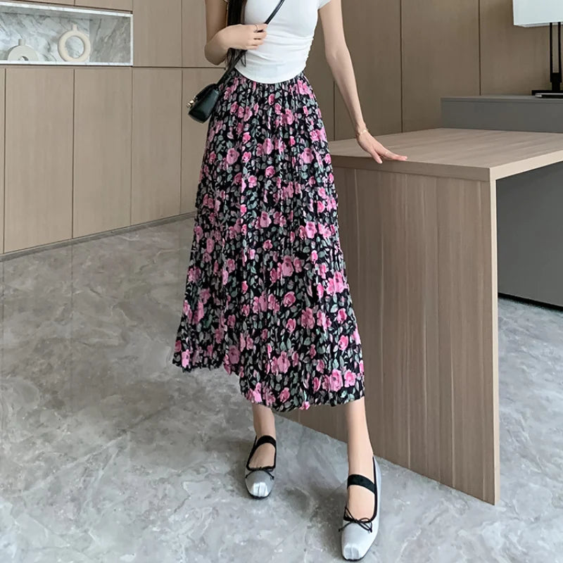 Holiday Style Fashion Floral Print Pleated Long Womens Spring Summer New Elastic High Waist Ladies Casual Skirt