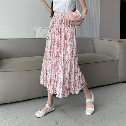 Holiday Style Fashion Floral Print Pleated Long Womens Spring Summer New Elastic High Waist Ladies Casual Skirt