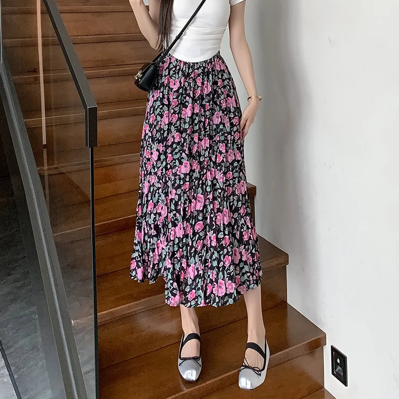 Holiday Style Fashion Floral Print Pleated Long Womens Spring Summer New Elastic High Waist Ladies Casual Skirt