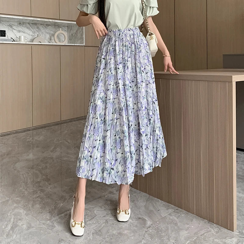 Holiday Style Fashion Floral Print Pleated Long Womens Spring Summer New Elastic High Waist Ladies Casual Skirt