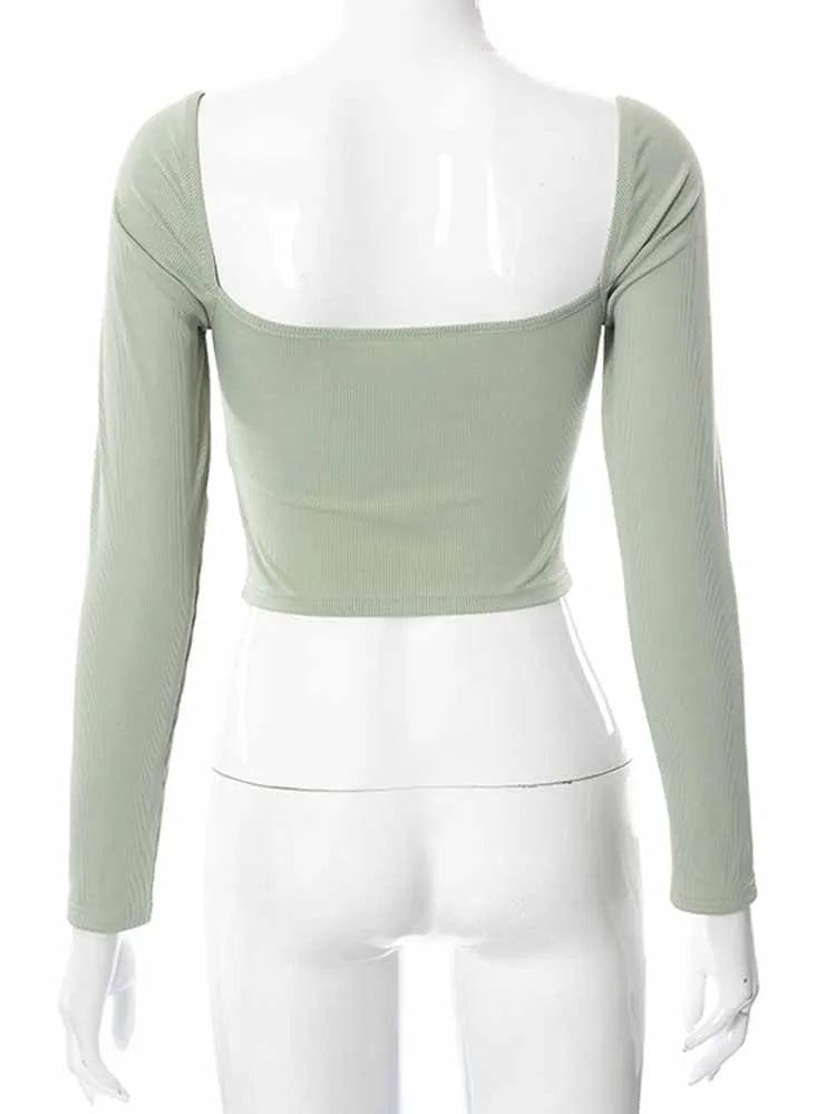 Hollow-Out V-neck Long Sleeve Spring Fall Casual Fashion Square Collar Slim Ribbed Crop Tops