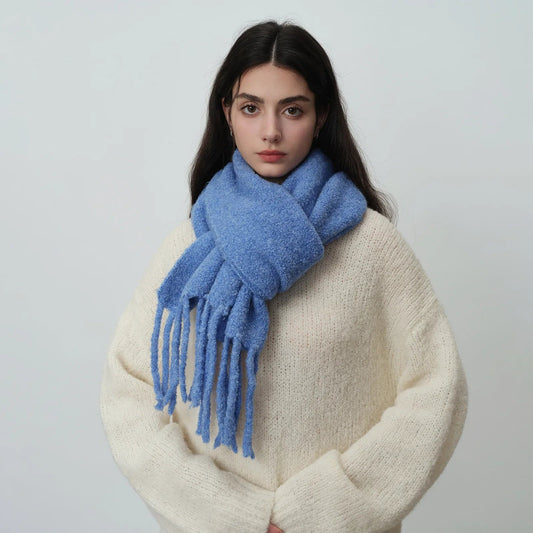 Glacier Blue Knitted Wool Scarf with Tassels for Women