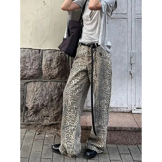 FashionSierra - Girl American Leopard Print Retro Street Casual High Waist Trouser