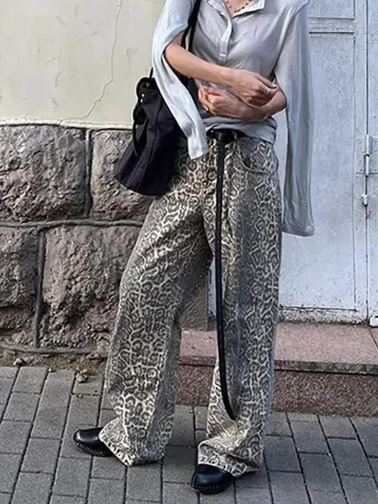 FashionSierra - Girl American Leopard Print Retro Street Casual High Waist Trouser