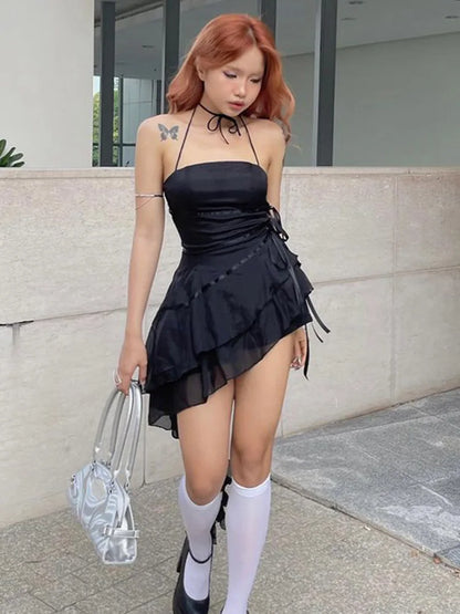 Sleeveless Halter Neck Strapless Ruffle Cap A-Line Pleated Hem Swing Tube Top Dress