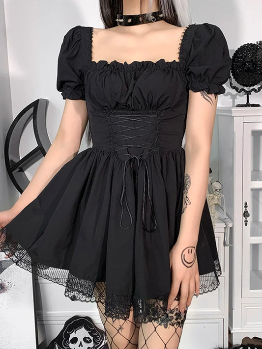 Lolita Black Goth Aesthetic Puff Sleeve High Waist Mini Vintage Lace Trim Bandage Corset Dress