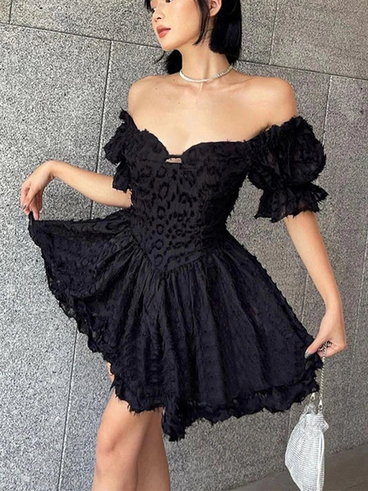 Lolita Summer Vintage High Waist Black Ball Gown Goth Aesthetic Puff Sleeve V-neck Corset Mini Dress