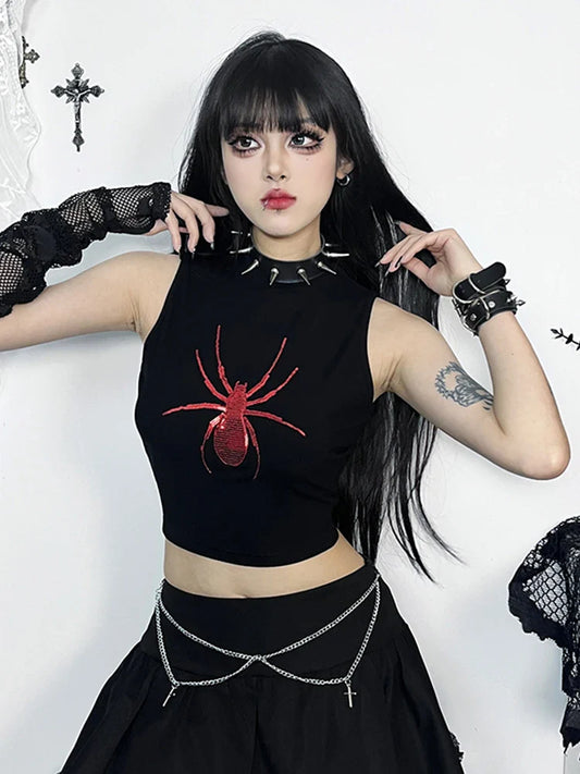 Gothic Spider Graphic Print Sleeveless Punk Alt Crop Top