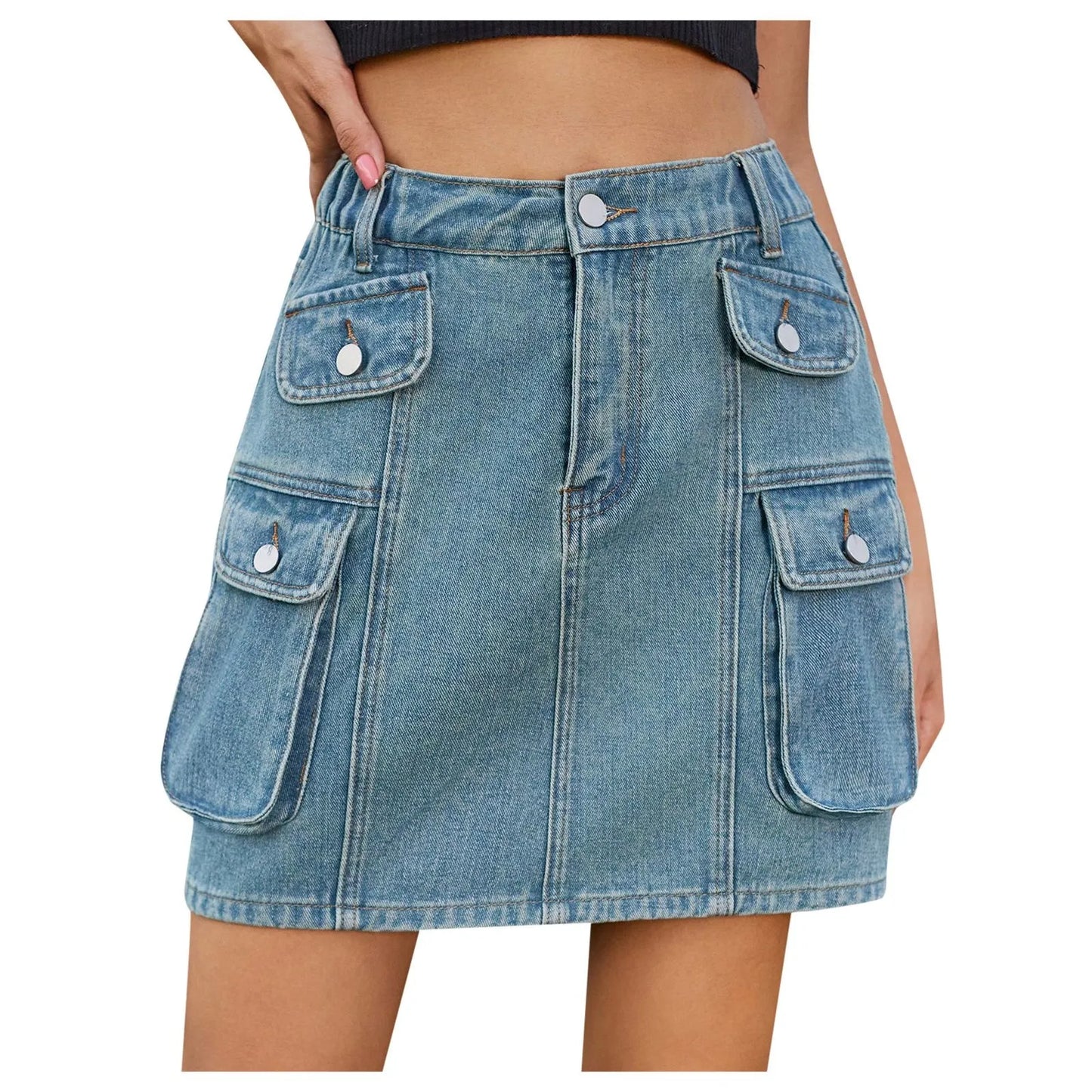 2024 Denim Skirt Street Tooling Style Flap Ribbon Details Workwear High Street Skirt