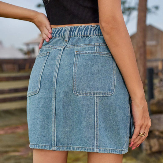 2024 Denim Skirt Street Tooling Style Flap Ribbon Details Workwear High Street Skirt