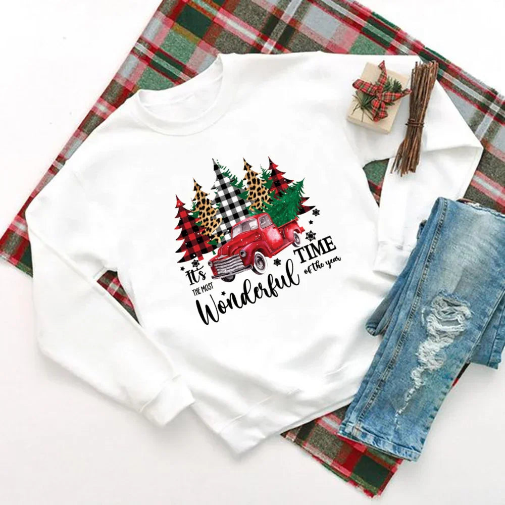 Wonderful Time Printed Party Holiday Sweater Xmas Outfit Christmas Hoodie White / S Hoodies-L