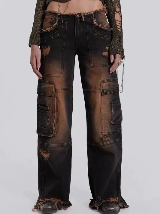 Brown Loose Hole Washed Denim Work Bottom