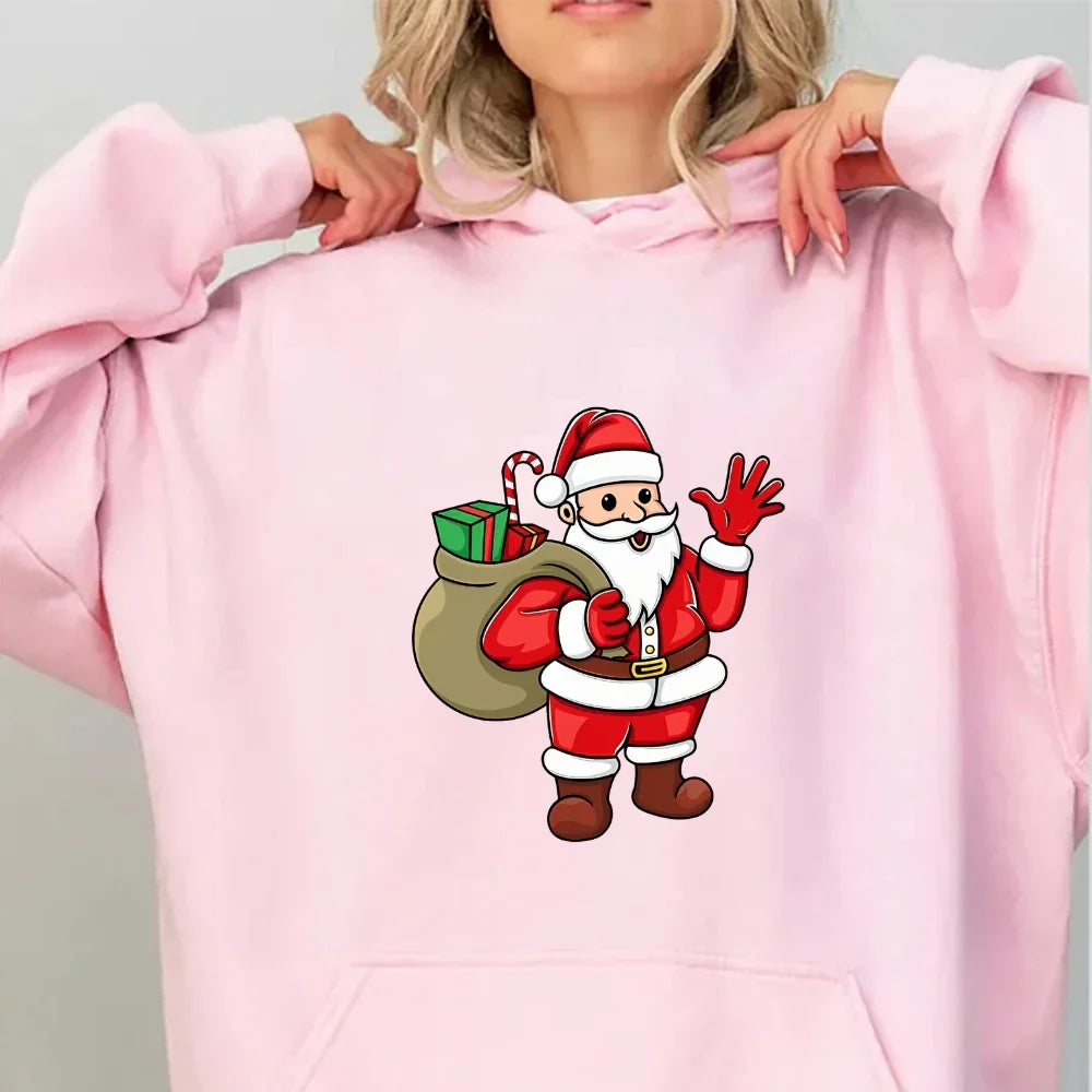 Jolly Santa Claus Cartoon Print Long Sleeve Chic Christmas Hoodie Pink / S Hoodies-L