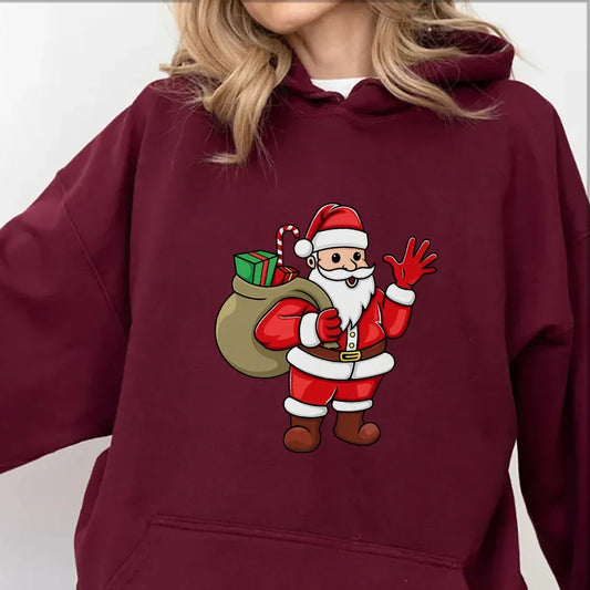 Jolly Santa Claus Cartoon Print Long Sleeve Chic Christmas Hoodie Maroon / S Hoodies-L