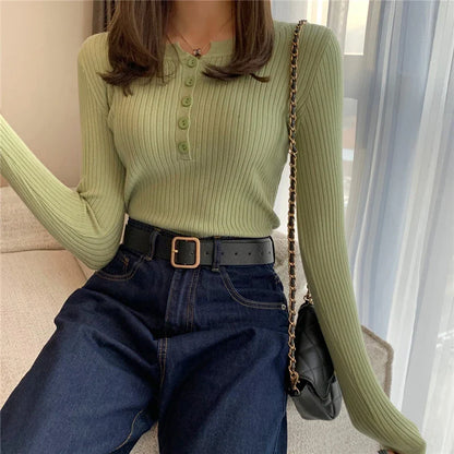 FashionSierra - Knitted Button O-neck Pullovers Spring Autumn Basic for Female Pullover Solid Bold  Sweater