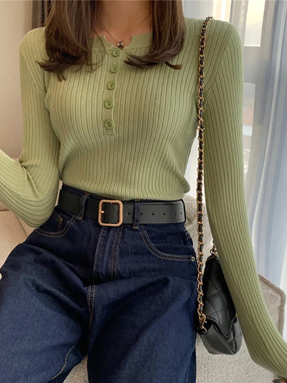 FashionSierra - Knitted Button O-neck Pullovers Spring Autumn Basic for Female Pullover Solid Bold  Sweater