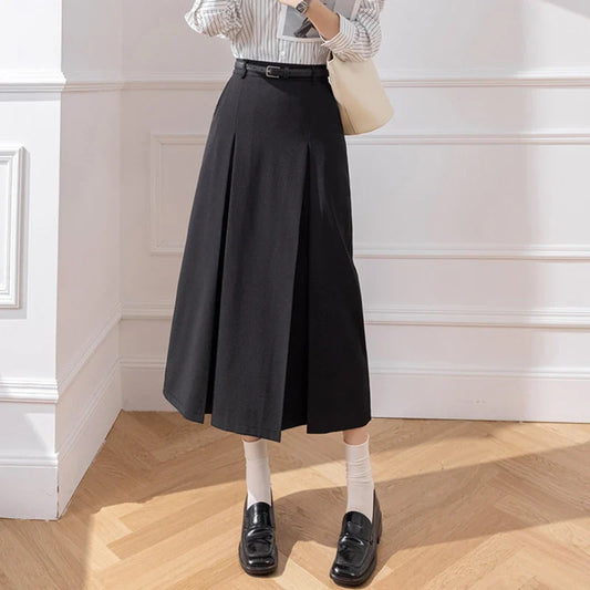 FashionSierra - Korean Fashion High Waist A-line Office Ladies Elegant Suit 2024 New Spring Summer Midi Skirt