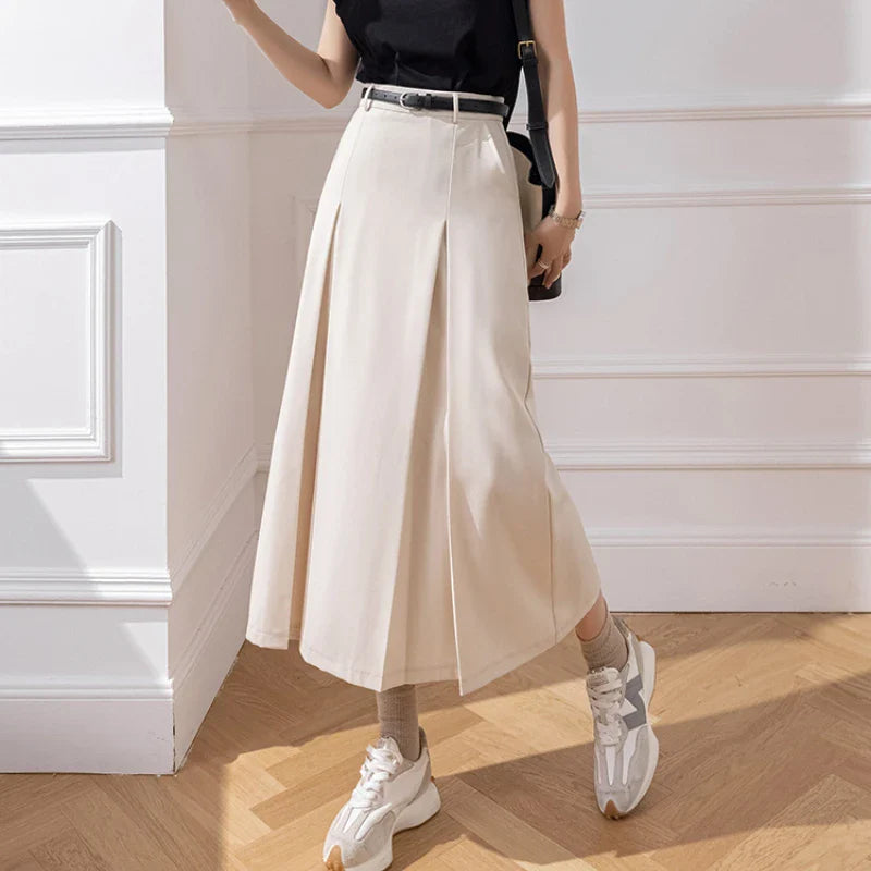 FashionSierra - Korean Fashion High Waist A-line Office Ladies Elegant Suit 2024 New Spring Summer Midi Skirt