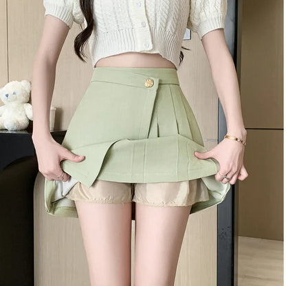 FashionSierra - Korean New High Waist A-line Mini Pleated Women Spring Summer Fashion Buttons Irregular Woman Casual Skirt