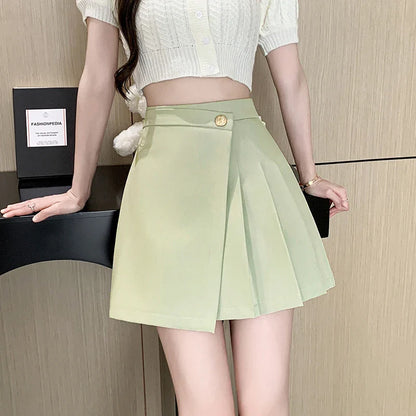 FashionSierra - Korean New High Waist A-line Mini Pleated Women Spring Summer Fashion Buttons Irregular Woman Casual Skirt