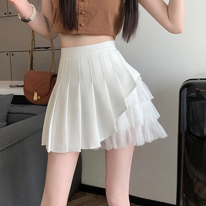 FashionSierra - Korean Soft Sister Tulle Patchwork Pleated Mini Women New Summer High Waist A-line Female Casual Short Skirt