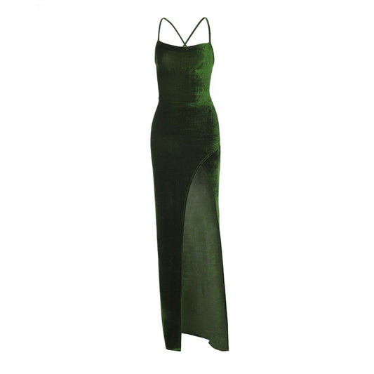 FashionSierra - Lace Up Velvet Strap Maxi For Women Side Slit Bodycon Sexy Prom Outfit Birthday Party Midi Dress