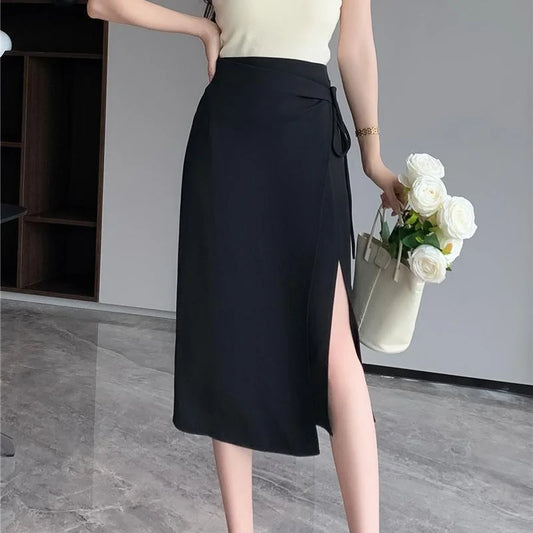 FashionSierra - Ladies Lace-up High Waist Wrap 2024 New Summer Fashion Slit Midi Women Casual A-line Skirt