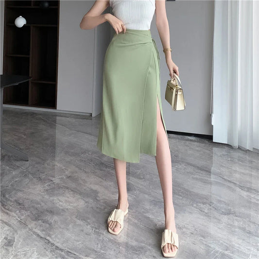 FashionSierra - Ladies Lace-up High Waist Wrap 2024 New Summer Fashion Slit Midi Women Casual A-line Skirt