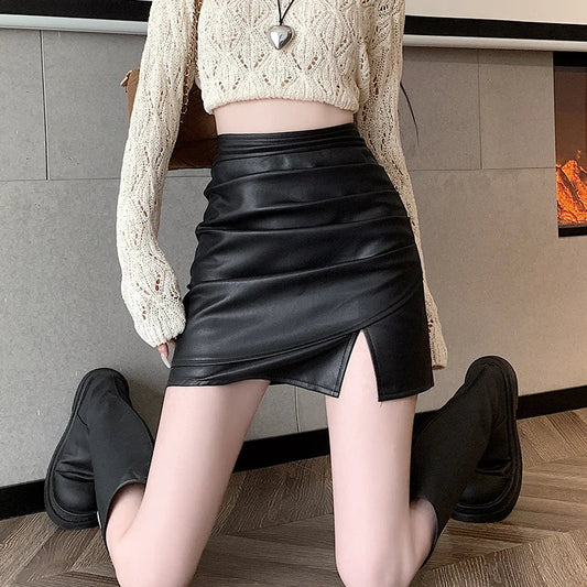 FashionSierra - Ladies Irregular Slit Mini PU Leather Women Autumn Winter Fashion High Waist Leathers Woman Casual Short Skirt