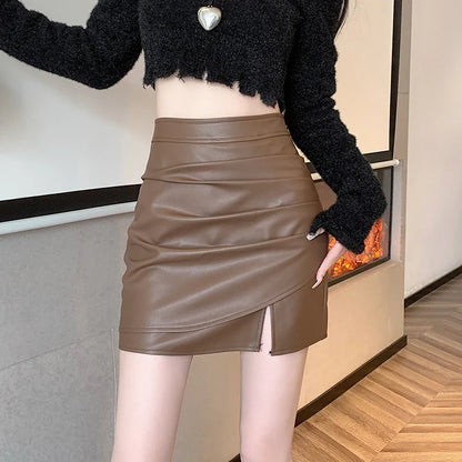 FashionSierra - Ladies Irregular Slit Mini PU Leather Women Autumn Winter Fashion High Waist Leathers Woman Casual Short Skirt