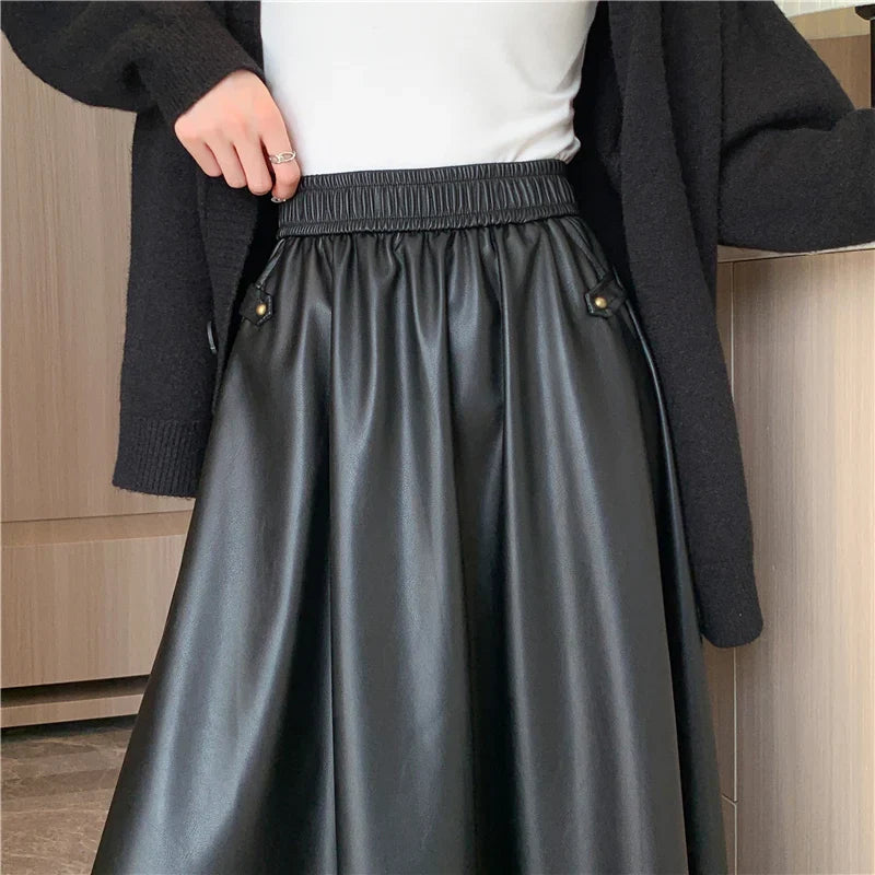 FashionSierra - Ladies PU Leather 2024 New Autumn Winter Casual Pockets Long Women Fashion High Waist Leathers Skirt