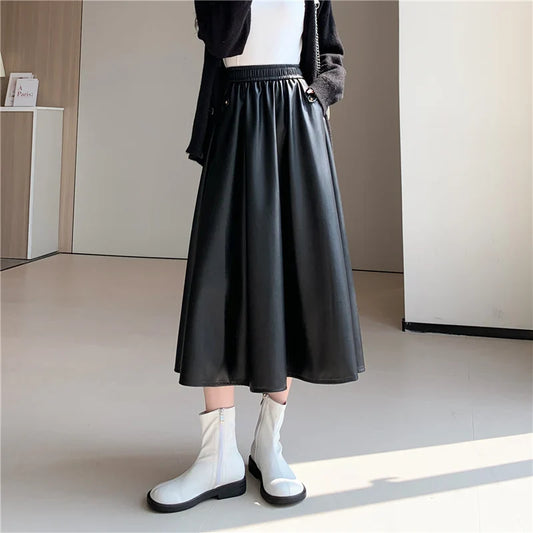 FashionSierra - Ladies PU Leather 2024 New Autumn Winter Casual Pockets Long Women Fashion High Waist Leathers Skirt