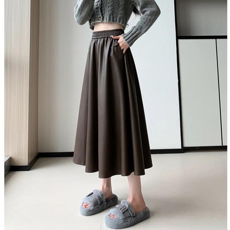 FashionSierra - Ladies PU Leather 2024 New Autumn Winter Casual Pockets Long Women Fashion High Waist Leathers Skirt