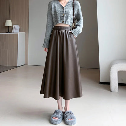 FashionSierra - Ladies PU Leather 2024 New Autumn Winter Casual Pockets Long Women Fashion High Waist Leathers Skirt