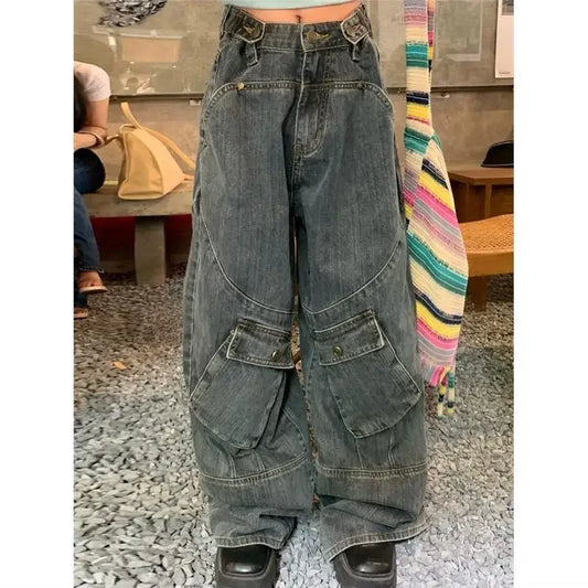 Retro Punk Style Large Pocket Tooling Jeans Women's Street Fashion Pants