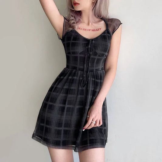 FashionSierra - Lattice Pattern A-Line Short Sleeve For Women's Clothes 2024 Summer Comfortable Lady Streetwear Mini Dress