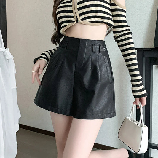 FashionSierra - New Autumn Winter High Waist PU Leather Wide-leg Female Boots Women 2024 Shorts